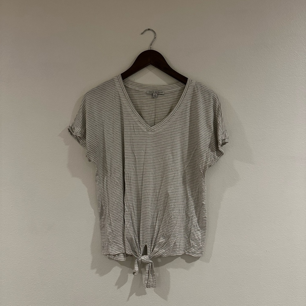 Green Envelope Grey & White Striped Tie-Front V-Neck Tee